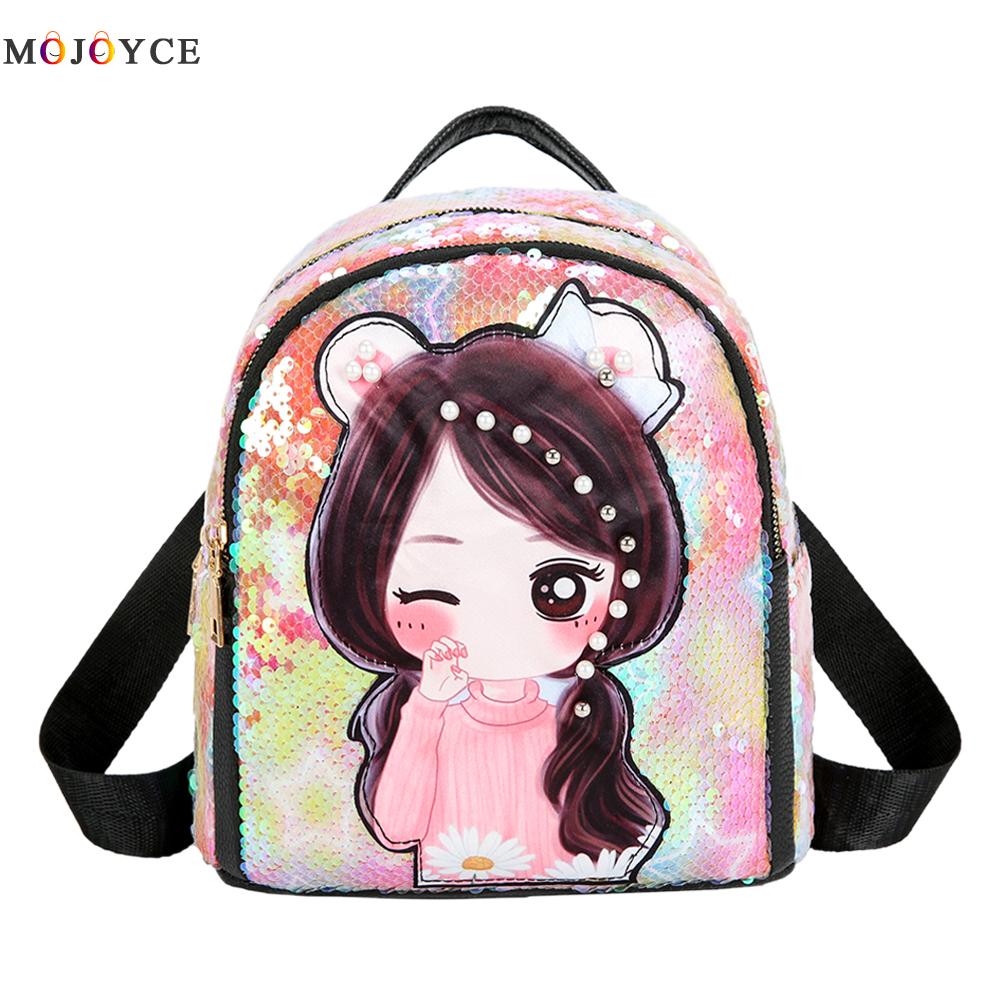 SchöNe Pailletten Frauen Mädchen Rucksack Karikatur Puppe Licht Schulter Schule Taschen: schwarz