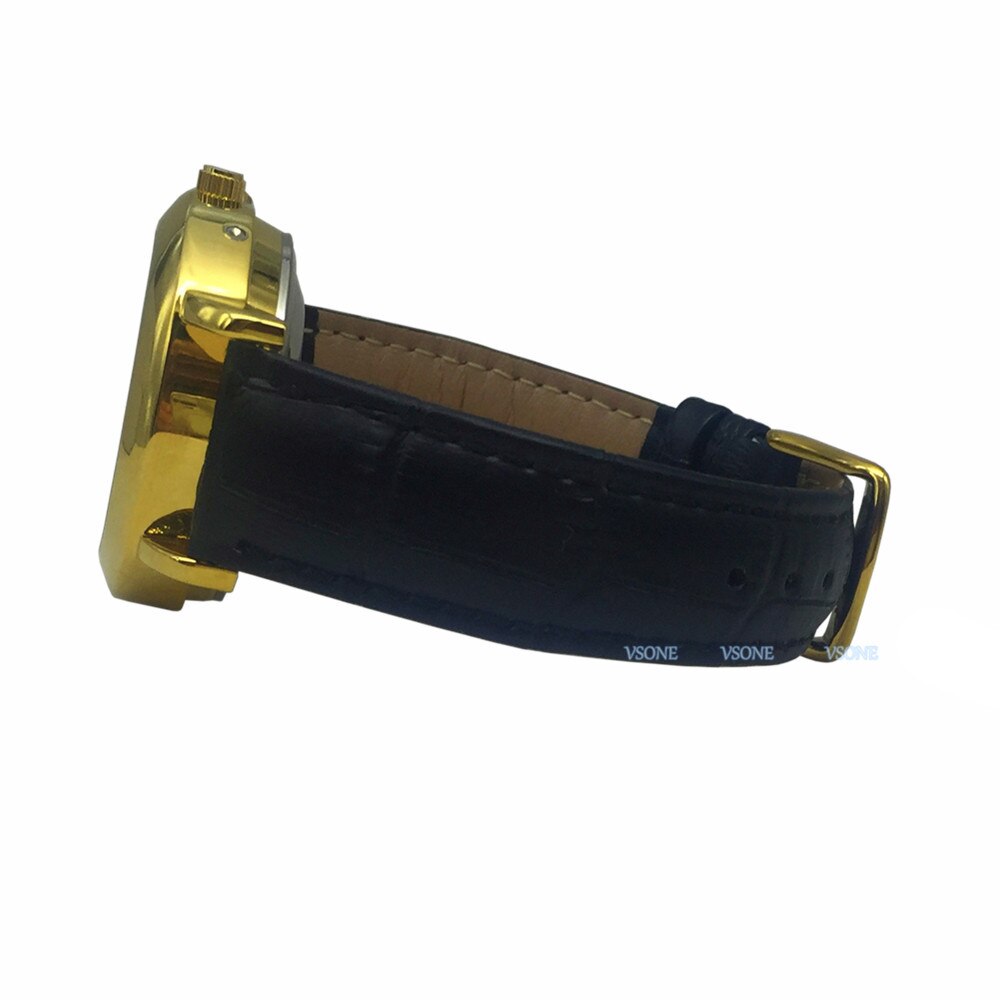 Montre Parlante Analogique avec Alarme Annonce de l'heure et Date en Français pour Aveugle et Les Personnes Malvoyant, Couleur Dorée, Bracelet Cuir Noir TAF-G607