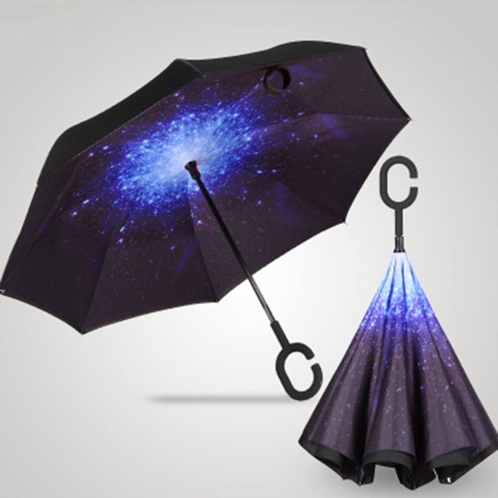 Lady Double Layer Anti-UV Windproof C-Shaped Handle Reverse Folding Umbrella Man Women Sun Rain Car Inverted Upstanding Umbrella