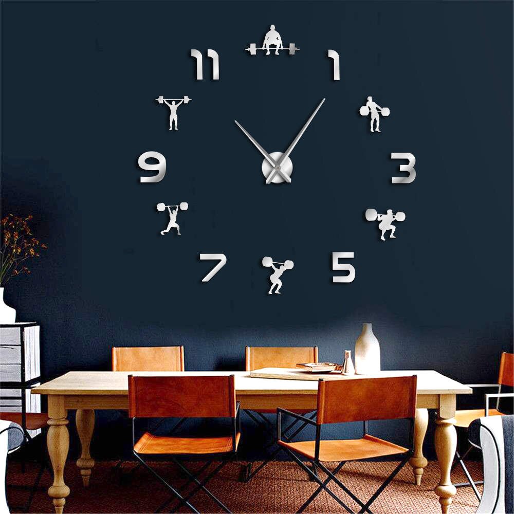 Weightlifting Fitness Room Wall Decor DIY Giant Wall Clock Mirror Effect Powerlifting Frameless Large Wall Clock GYM Wall Watch
