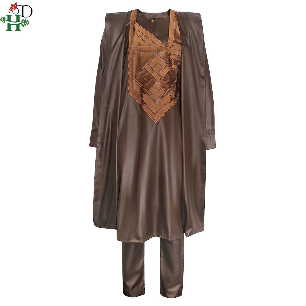 H & d afrikansk traditionel formel agbada mænd dashiki 3 stk jakkesæt kjole skjorte bukser sæt broderi brunt tøj bryllup outfit