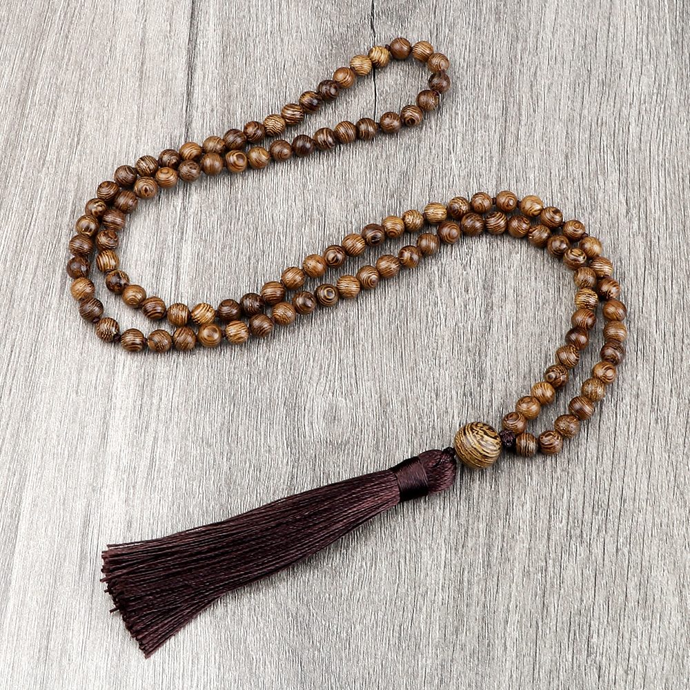 Collier de perles Mala Vintage 6 8 10mm, perles en bois originales pour hommes et femmes, colliers de méditation de Yoga avec pompon, bijoux bouddhistes de prière, 108: Couleur or jaune pâle