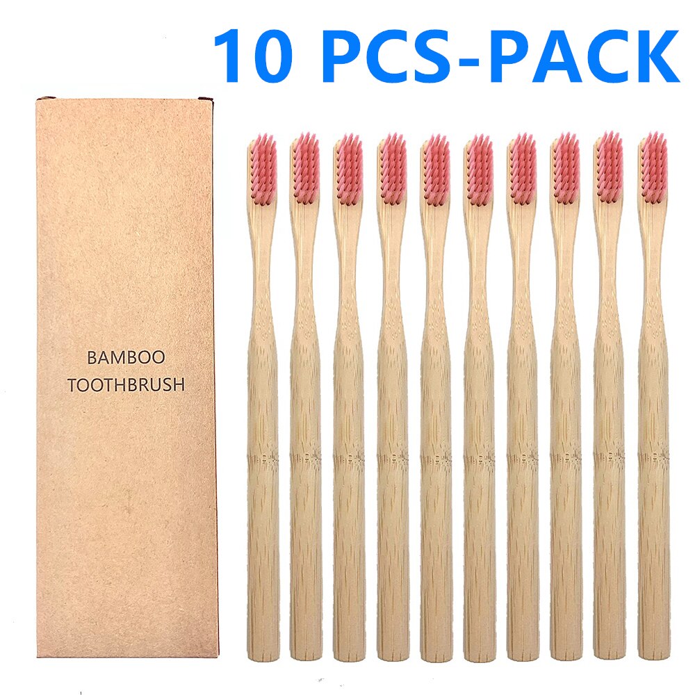 10Pcs Natural Toothbrush Eco-Friendly Rainbow Bamboo Medium Bristle Biodegradable Teeth Brush Solid Bamboo Handle Toothbrush: 10 PCS Pink Color