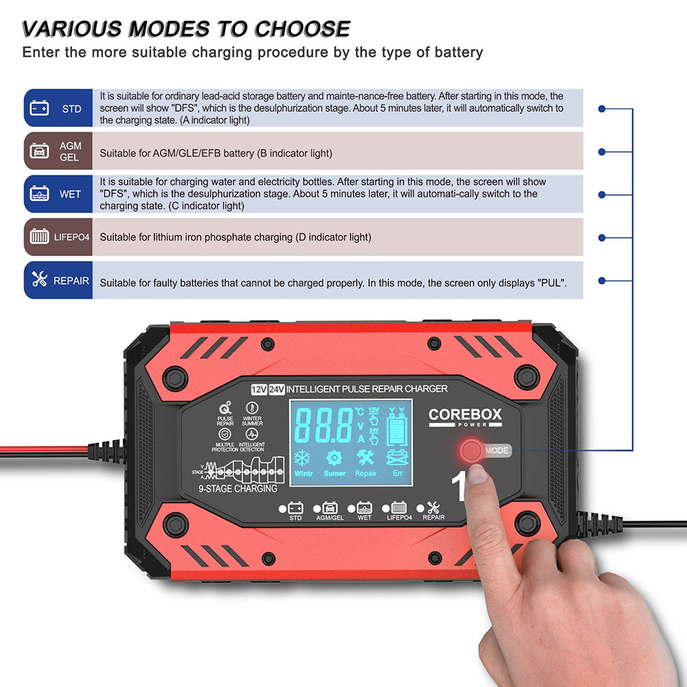 AGM Automotive Battery Charger Car and Motorcycle Battery Charging Devices 12V 10A Intelligent Maintenance of Lead Acid Battery