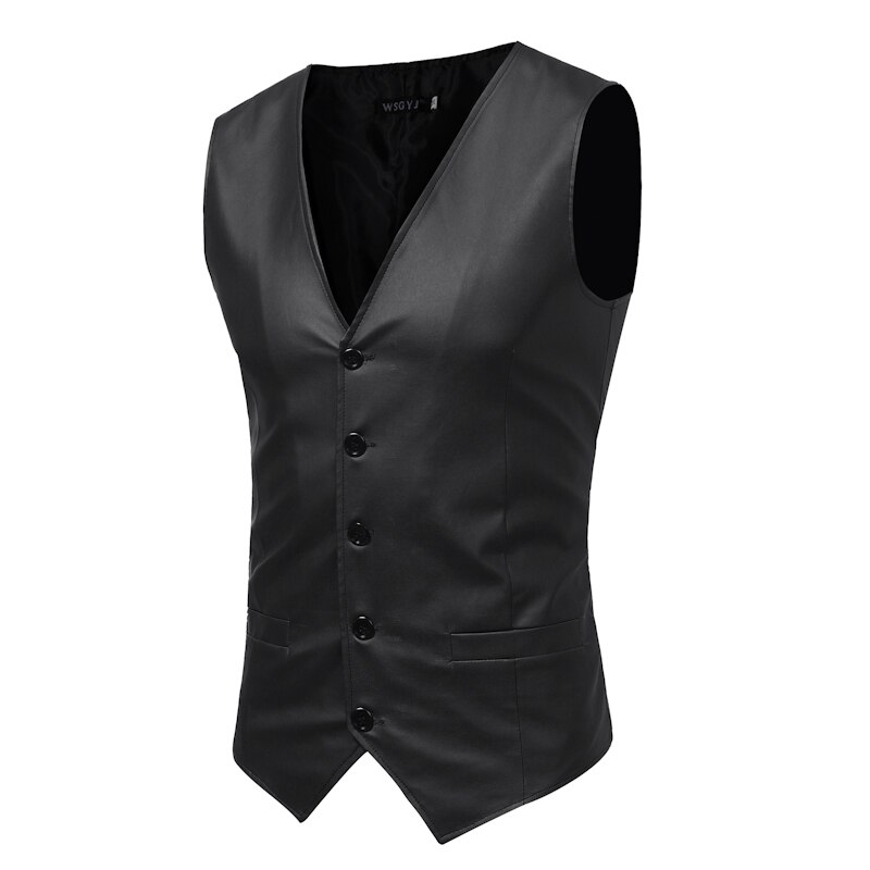 Ankomster män casual kostym väst västar smart casual enfärgad ärmlös pu läder klänning väst män toppar plus size: Svart / Plus storlek xl