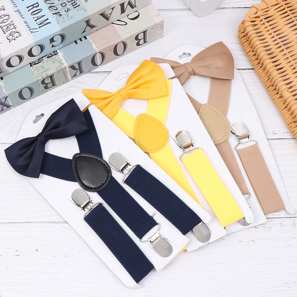Kids Elastic Suspenders Bow Tie set Matching Tuxedo Suit Unisex Boy Girl Bowtie Wedding Costume Adjustable Y-Back Brace Belt