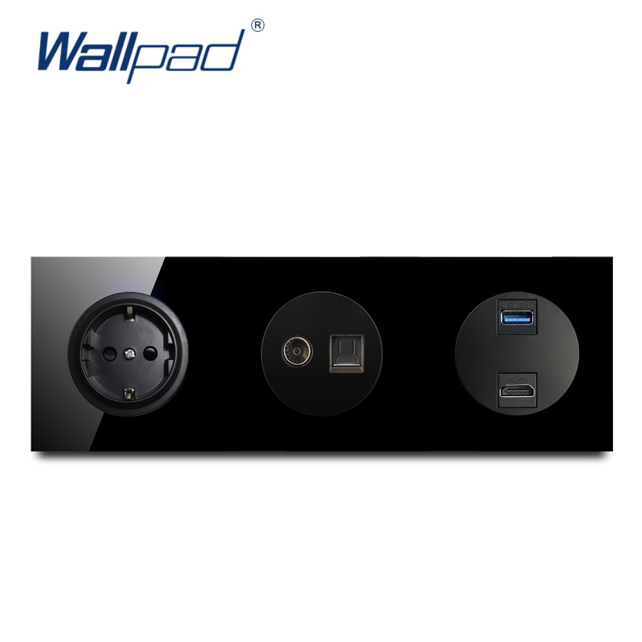 Wallpad eu tysk stikkontakt med tv dat usb 3.0 hdmi krystall herdet leie svart glasspanel 16a vegguttak stikkontakt jordet