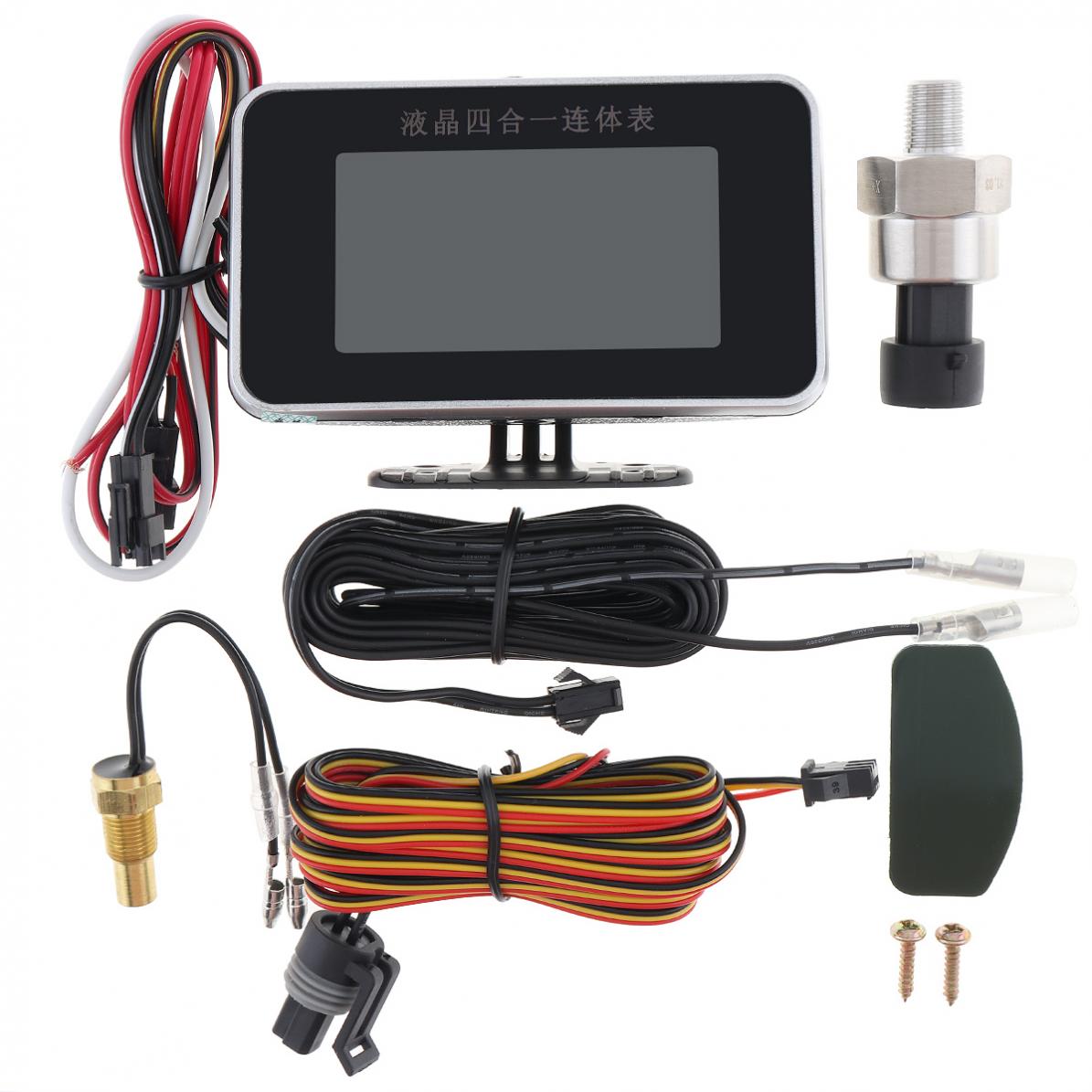 Universal 12v surrande 4 in 1 bil lcd digital voltmätare + vattentempmätare + oljetrycksmätare + bränslemätare med sensor