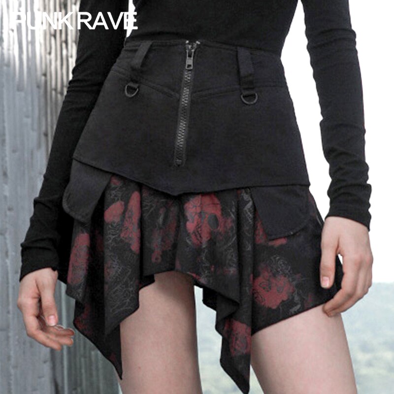 PUNK RAVE fille gothique à glissière Double couche asymétrique ourlet jupes Punk Sexy volants femmes jupe