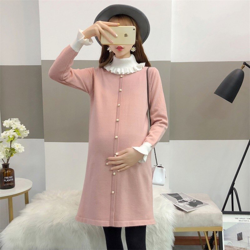 Efterår og vinter gravid kjole dukke høj krave gravid kjole sweater langærmet mellemlang sweater: Lyserød