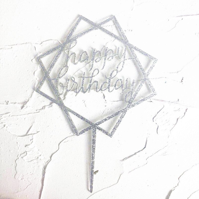 Dobbelt ring firkantet fødselsdagskage topper akryl brev kage top flag dekoration fødselsdagsfest bryllup forsyninger g: Glitter sølv