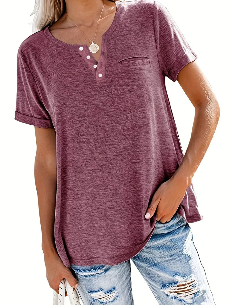 Plus Size 1XL-8XL Women's Loose Tops Ladies Casual V-neck Short Sleeve Pocket T-shirt Spring and Summer Style: 4XL / Fuchsia