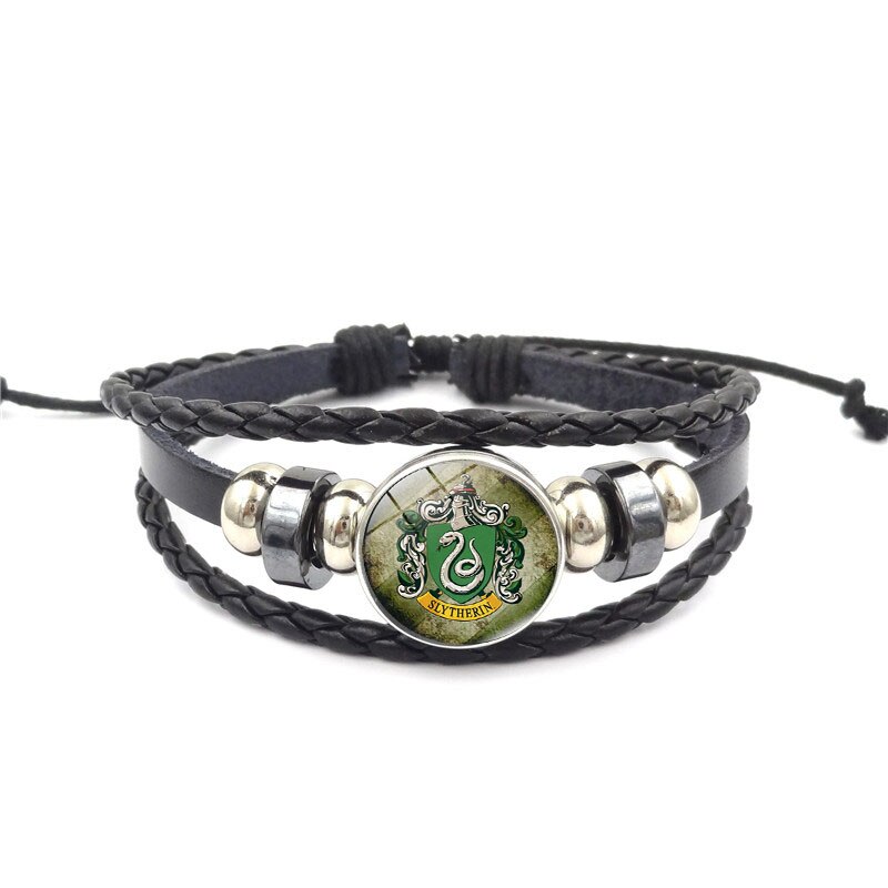 La escuela de magia Salazar Slytherin de vidrio hebilla encanto pulsera de joyería de hecho a mano multicapa DIY brazalete pulsera de cuero,: XL1576