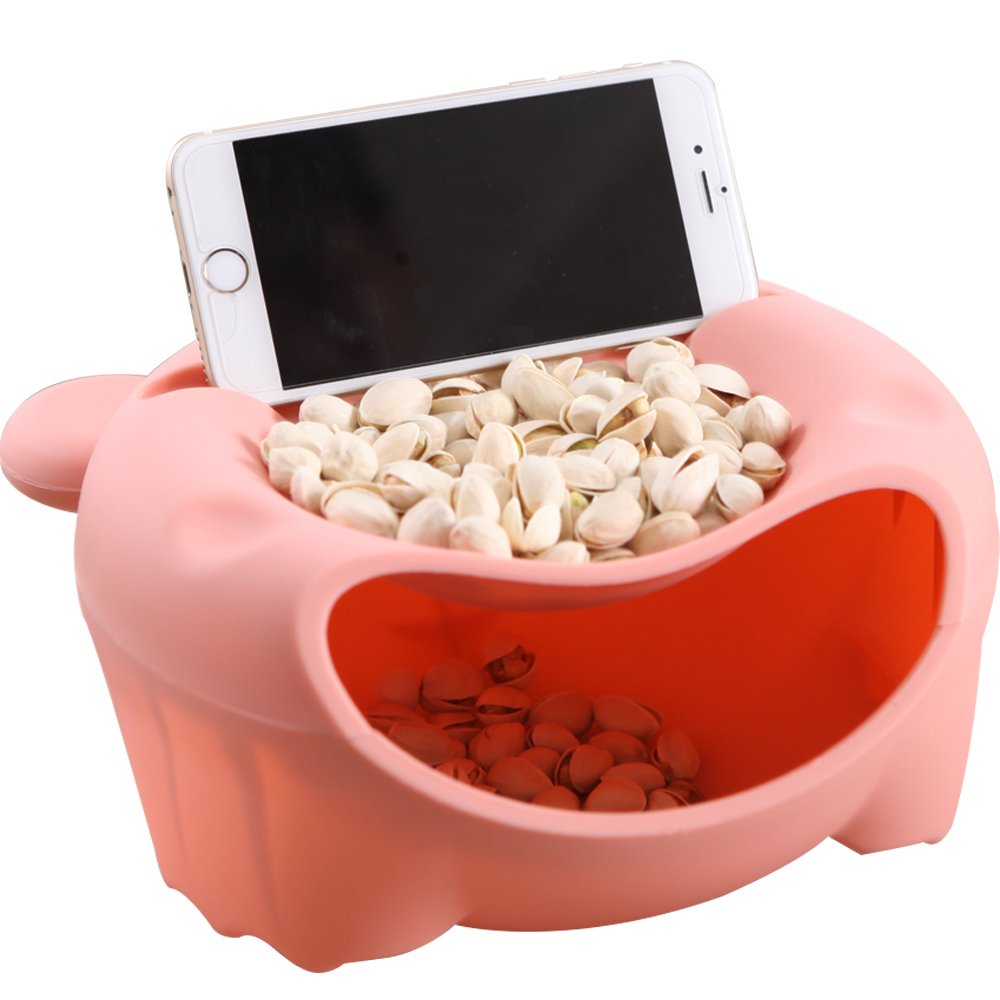 Snack Bowl with Shell Holder, Cute Bear Double Dish Nut Bowl With Cellphone Holder Slot for Pistachio, Peanuts, Sunflower Seed,