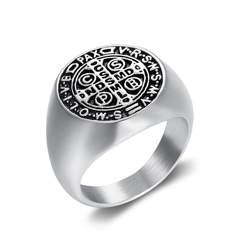 Anillos de Cruz bíblicos Vintage para hombre, joyería masculina religiosa de catolismo de acero inoxidable, tamaño de EE. UU. 7-15: 8 / Silver