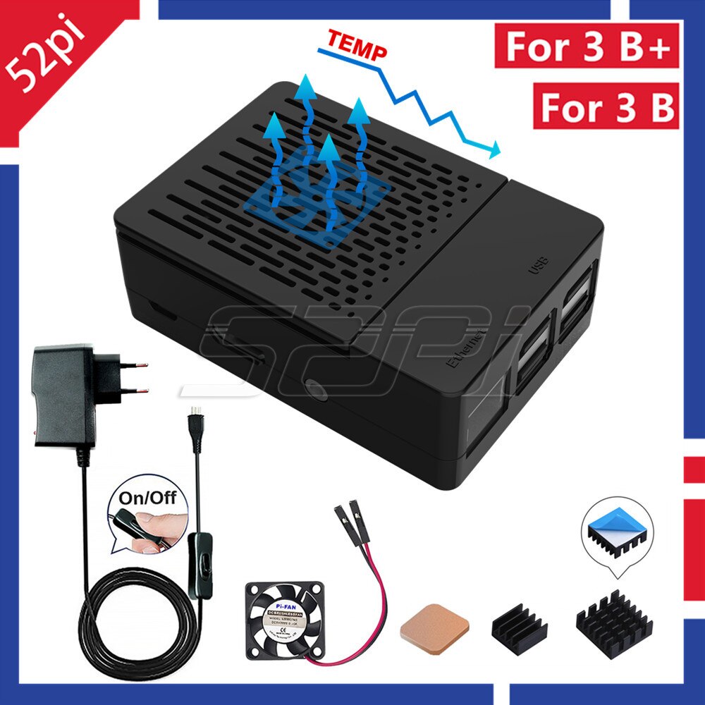 52Pi ABS Zwart/Wit Case Behuizing Cover Kit met Heatsinks en koelventilator voor Raspberry Pi 3 B + /3/2 Model B