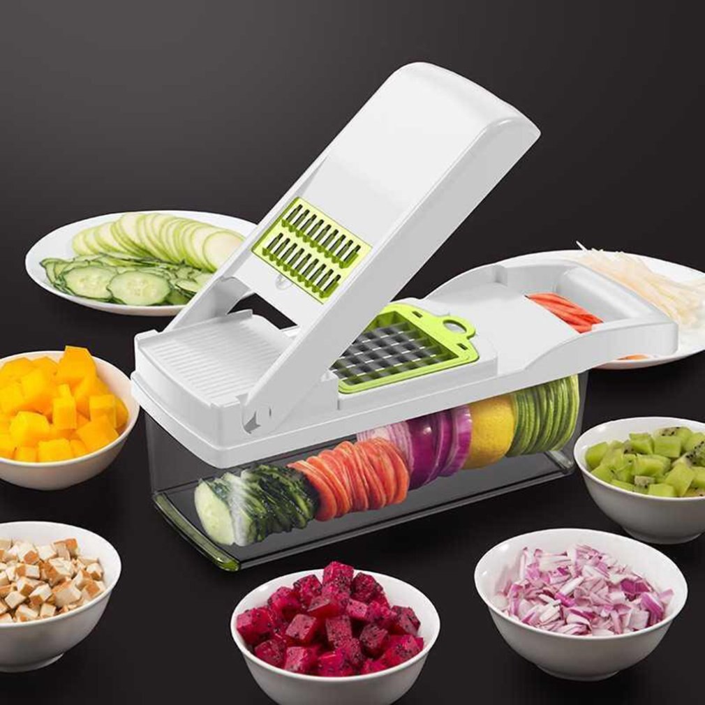 Artefacto multifunción para triturar verduras, dados, trituradora de patatas, Protector de manos, función de drenaje antideslizante: Blanco