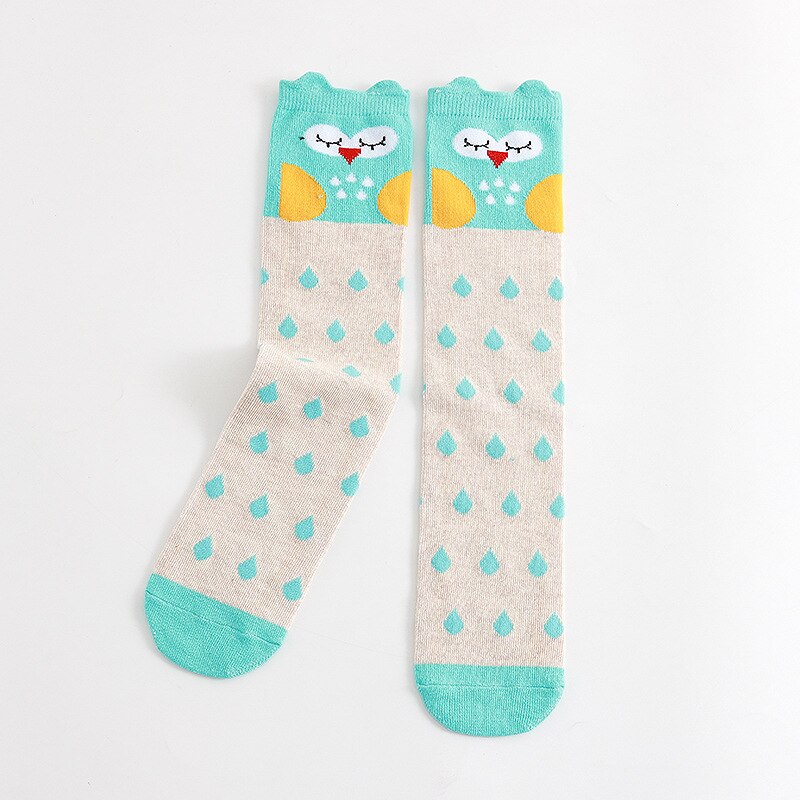 Medias de dibujos animados para niños y niñas, medias a rayas de lunares, búho, animales, hasta la rodilla, novedad de primavera y otoño: White