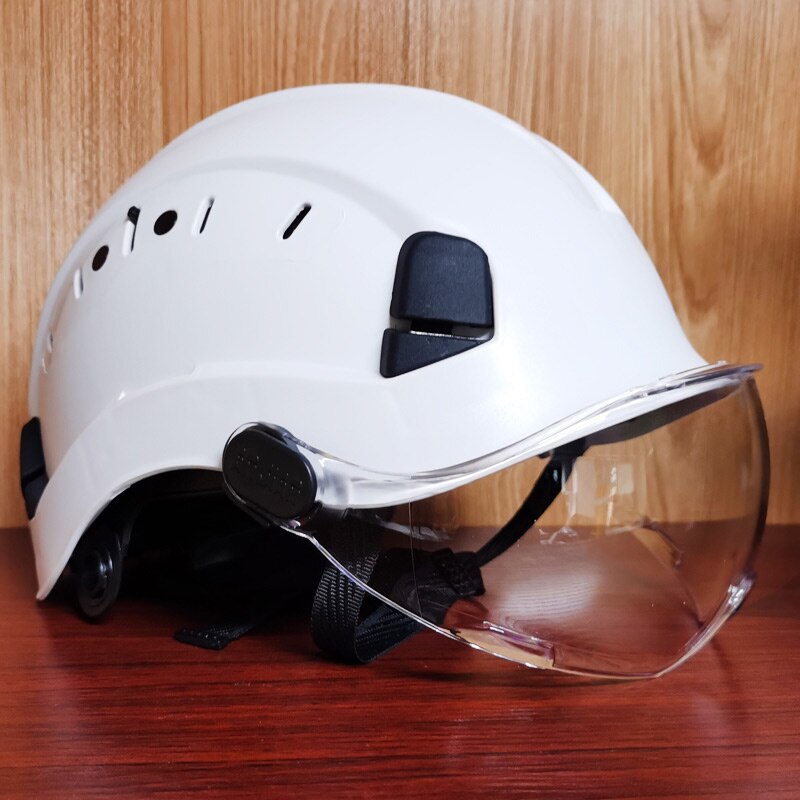 Sikkerhedshjelm med mørke beskyttelsesbriller udendørs klatring ridning beskyttelseshjelme arbejder redning hard hat abs arbejdshætte: Hvid klar linse
