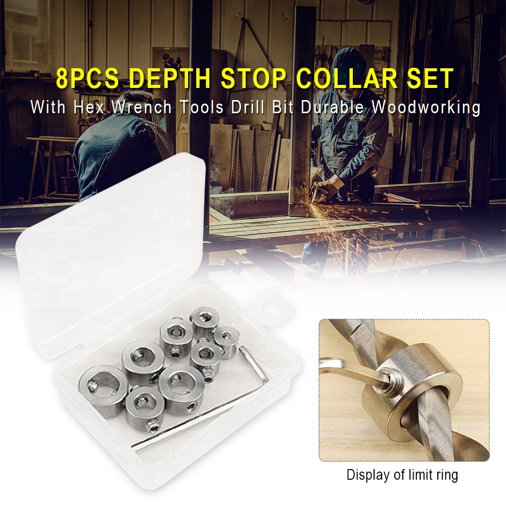 8pcs Depth Stop Collar Set With Hex Wrench Heat Resistance Drill Bit Locator Tools Durable Ring Positioner Accessories