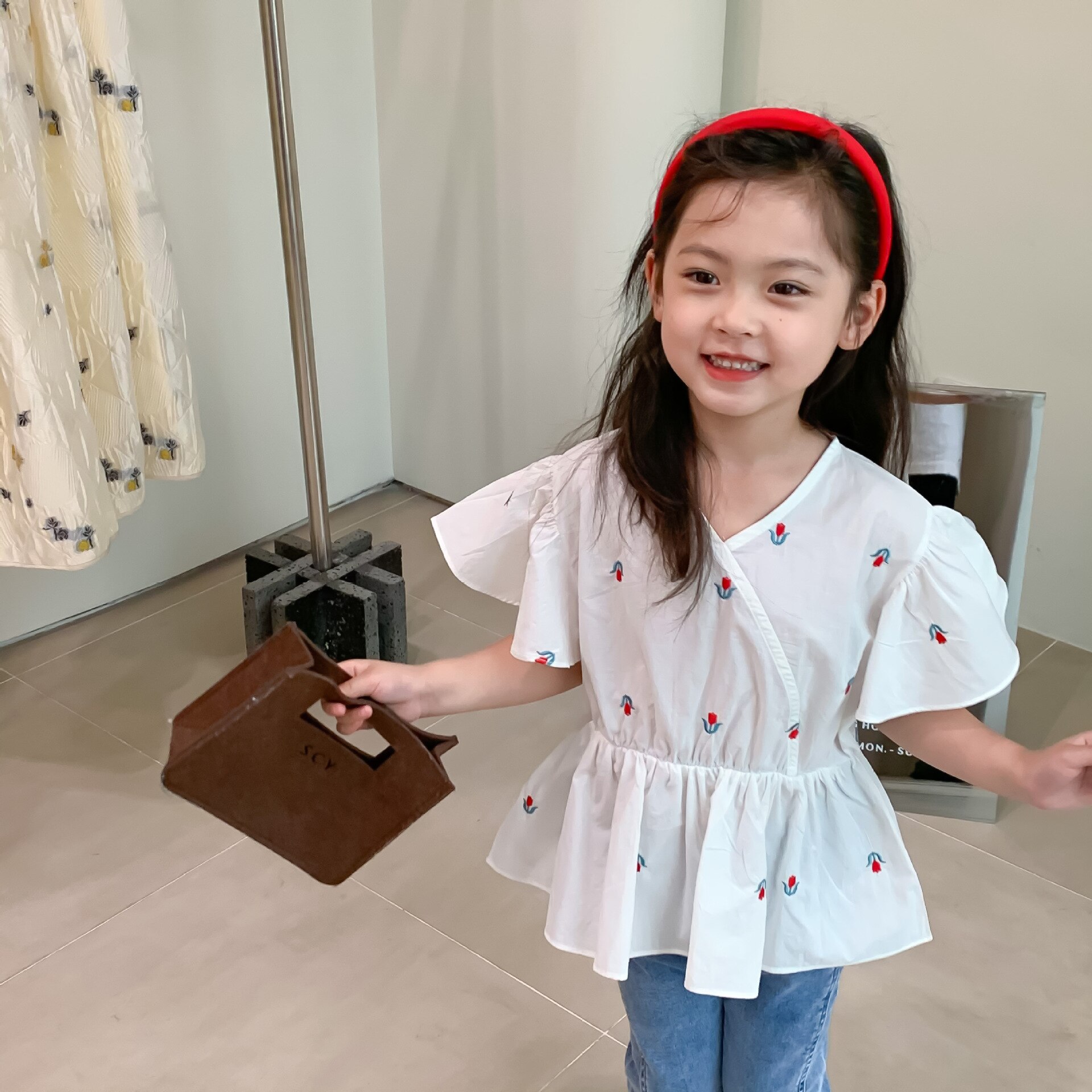 Camisas para niñas, ropa de verano para niños, Blusa de manga voladora con bordado de flores para bebés, camisa suelta informal de algodón, Tops