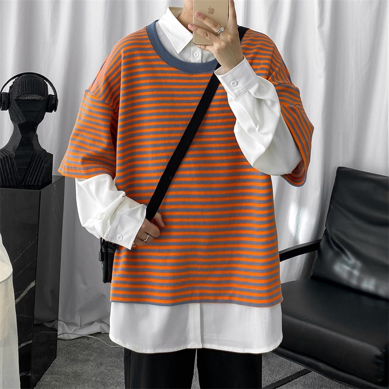 Hommes orthographe couleur rayure manteaux faux deux pièces Patchwork chemise hawaïenne manchette française hommes chemises Camisa Masculina
