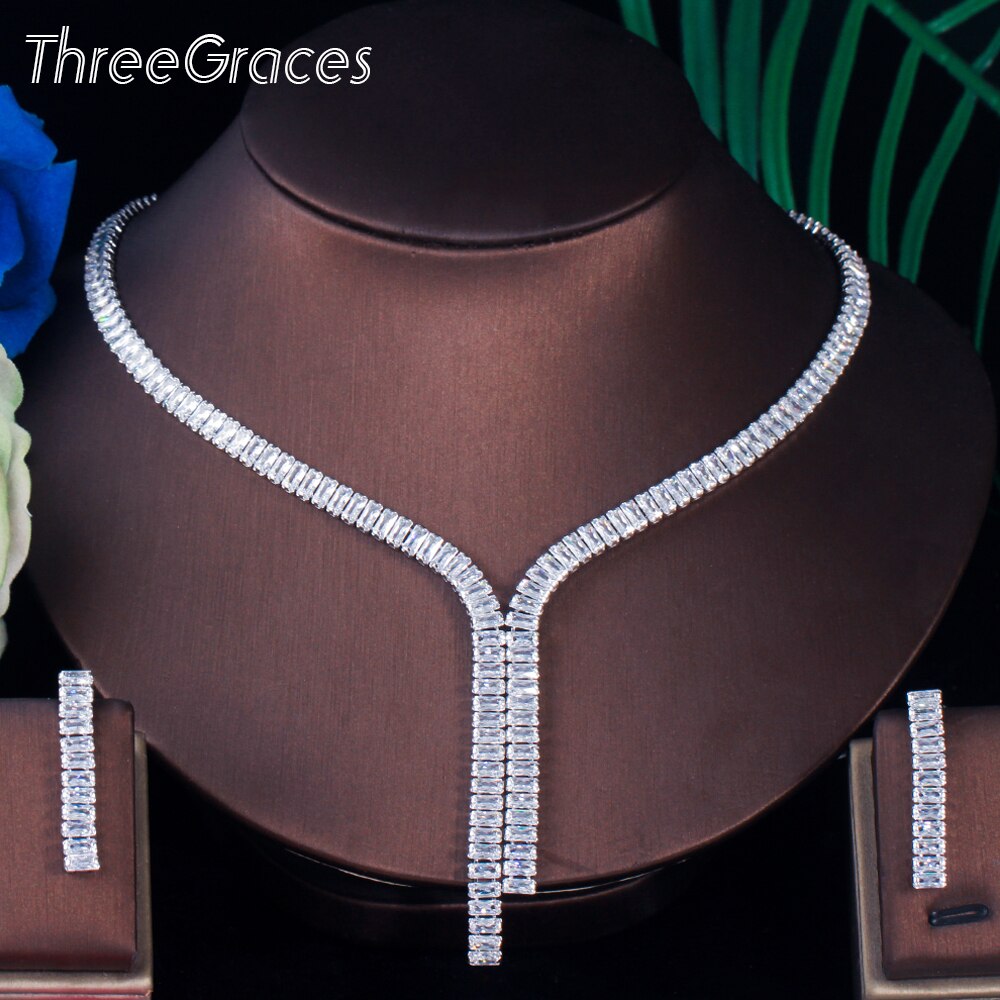 Threegraces Romantische Glanzend Witte Zirconia Vierkante Dangle Oorbellen En Ketting Bruids Bruiloft Sieraden Set Voor Bruiden TZ606