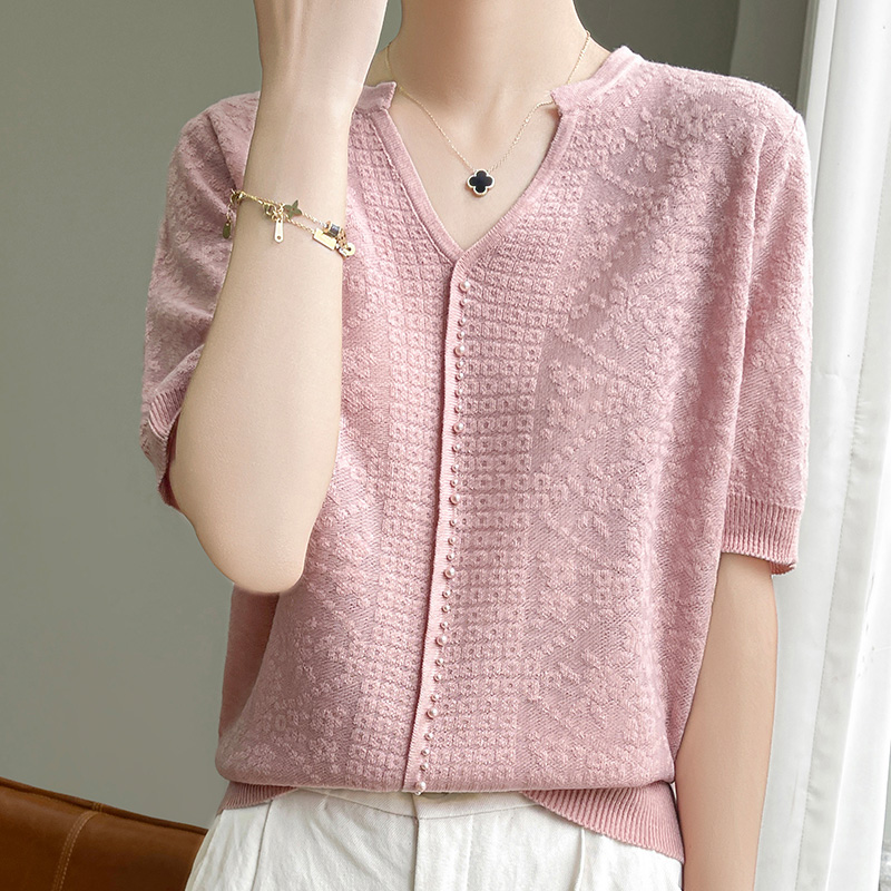 Kip Hart Kraag Ijs Zijde Korte Mouwen Dames Zomer Effen Kleur Dunne Franse Mode Losse Zijden T-shirt Top: L / Roze