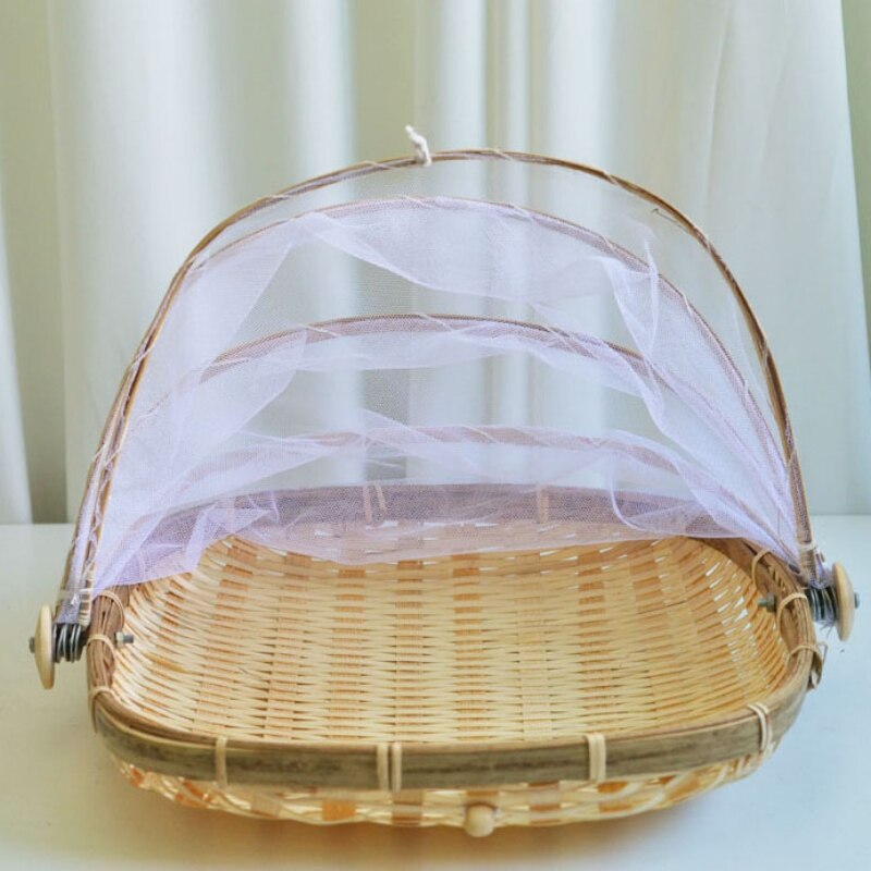 Hand-Woven Rectangular Bamboo Food Serving Tent Storage Basket Tray Mesh Storage Container With Gauze Cover Panier De Rangement