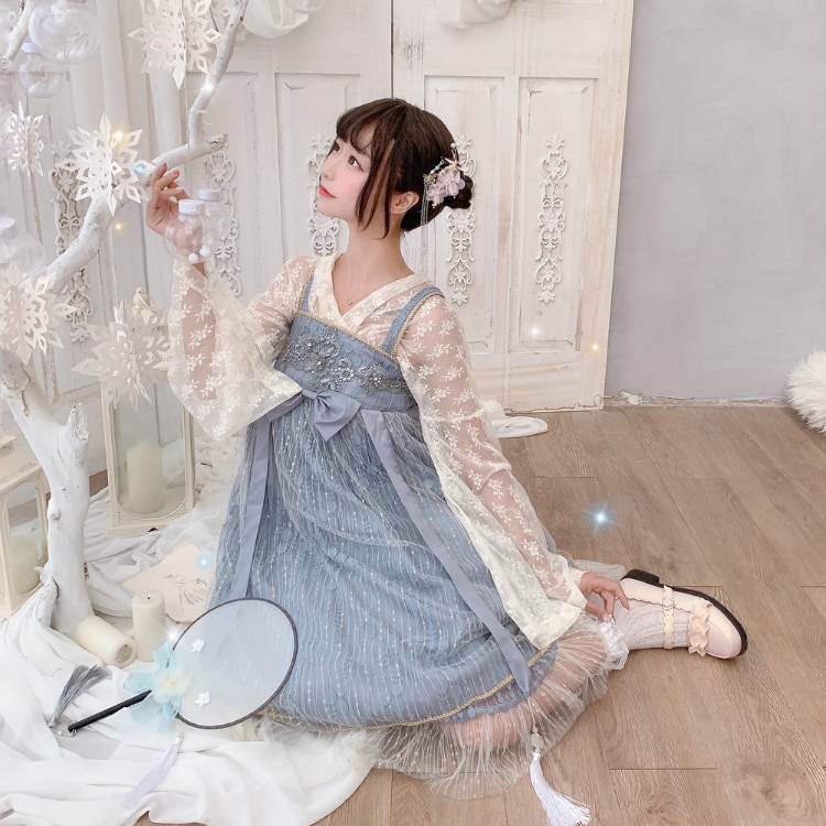 Vintage Renaissance Chinese Style Girls Sweet Princess Lolita Dress Women Hanfu Style Lace Mesh Blouse 2 Piece Set Fairy Dresses