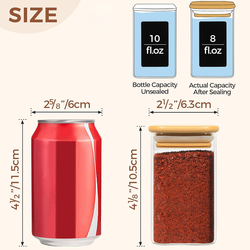 Glazen kruidenpotjes met bamboe deksel, 8oz luchtdichte vierkante containers met zwarte labels, lege kruidenpotten voor kruidenzoutsuiker