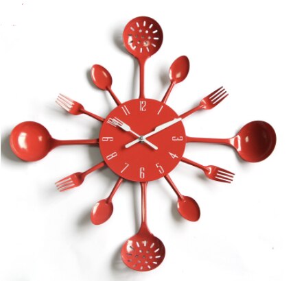 Cutlery Metal Kitchen Wall Clock Spoon Fork Quartz Wall Mounted Clocks Modern Decorative Horloge Murale: red2
