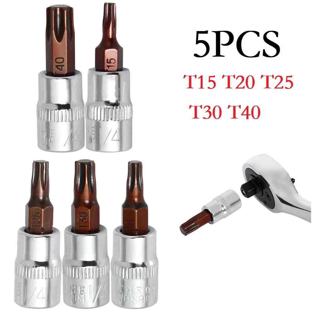 5 Stuks Torx Schroevendraaier Bits 1/4 Inch Drive Socket Head Gereedschap T15 T20 T25 T30 T40 Dopsleutel Adapter handgereedschap