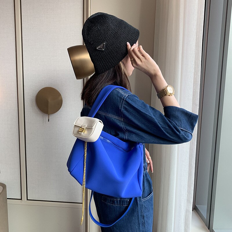 Mode Zachte Neopreen Vrouwen Schoudertas 2 Bags/set Handtas Merken Kettingen Samengesteld Tassen Voor Vrouwen Kussen Tas: blue