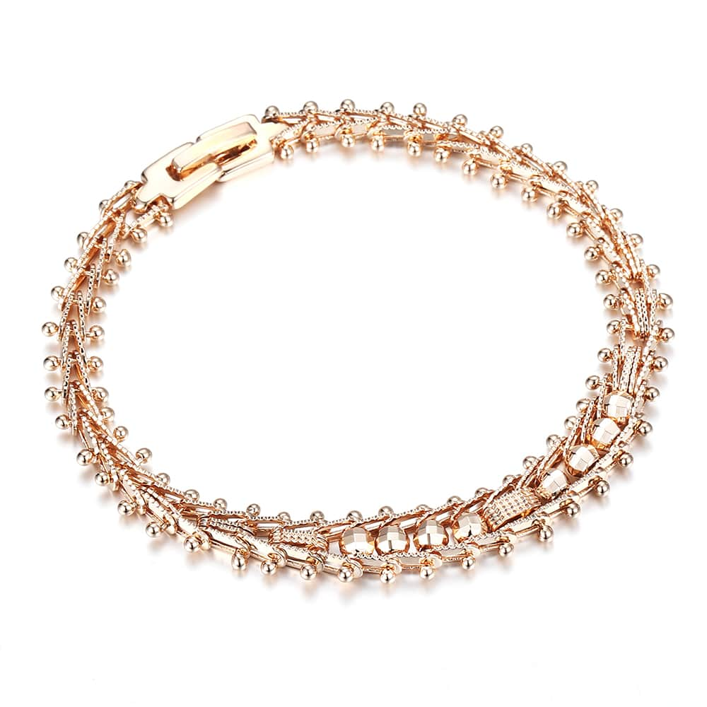 Bangle for Women Girls 585 Rose Gold Bracelet Trendy Hammered Centipede Smooth Carved Beads Ball Chain Wristband CBM03