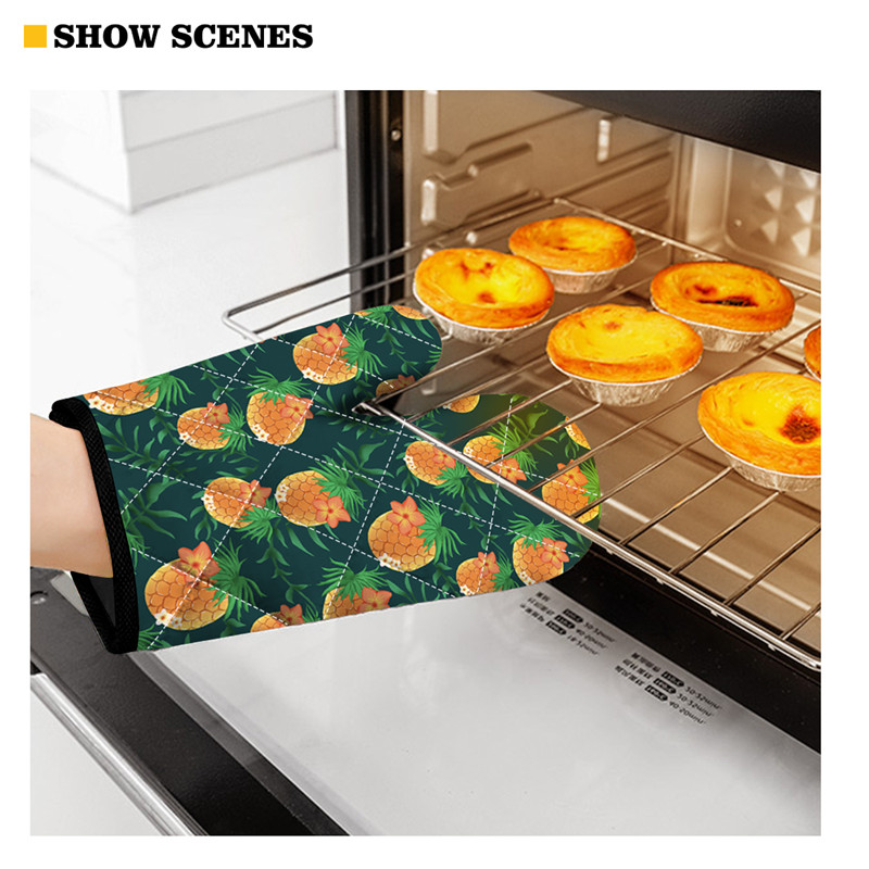 High Heat Protect Gloves Cute Cartoon Cat Print Polyester Microwave Oven BBQ Mitt Potholder Kitchen Mittens and Pad for Cooking