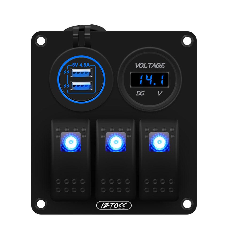 3 Gang 12V/24V Inline Fuse Box LED Switch Panel Dual USB Car Boat Truck Camper Digital Voltage Display Blue/Green LED Light: blue light