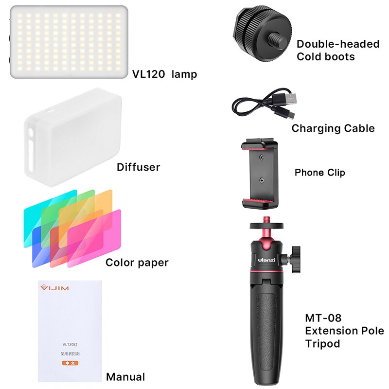 Vijim VL120 Rgb Led Video Licht Op Camera Fotografie Verlichting Vlog Vullen Light Panel Voor Smartphone Dslr Slr Lamp Met koude Schoen: VL120 and MT-08