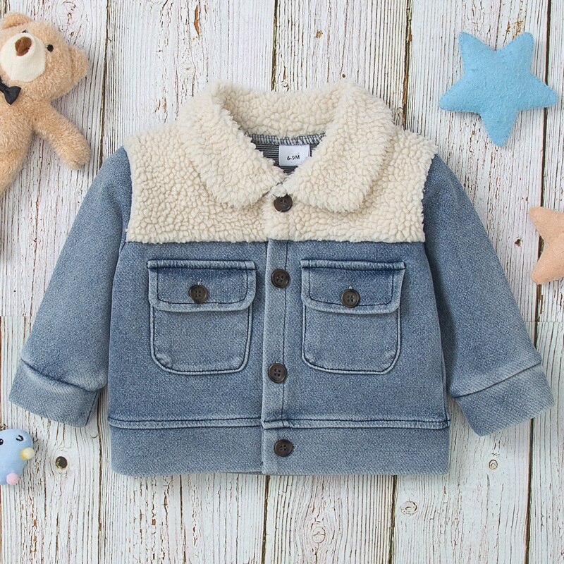 Baby Meisje Jongen Denim Katoenen Jas Baby Waggel Kind Jean Jas Denim Fleece Patchwork Baby Blazer Uitloper Lente Herfst 0-3Y: 80