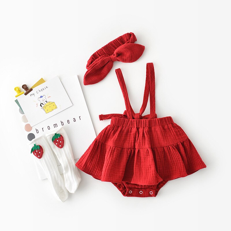 Lente Zomer Leuke Meisjes Katoen Jarretel Rokje Met Haarband Baby Leuke All-Match Bodysuits Jumpsuits