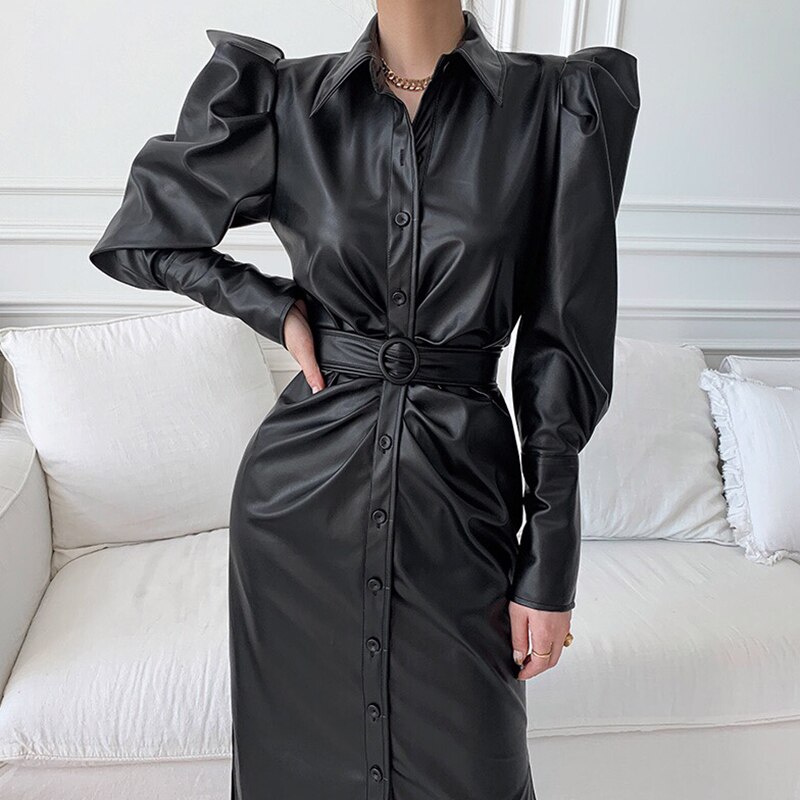 Aelegantmis Korea Faux Leather Long Dress Women Be... – Grandado