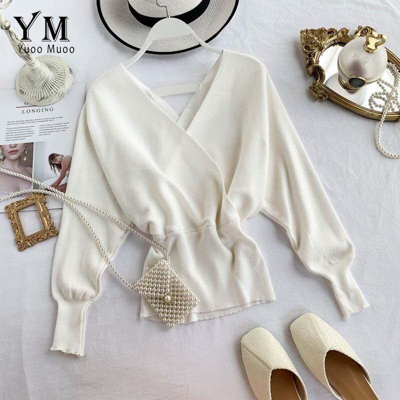 Yuoomuoo god blød sweater dame v-hals lang flagermusærme strikket pullover dame outfit sweater sweater top: Hvid