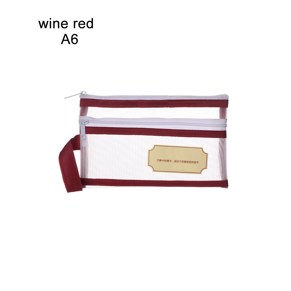 1 PC A4/A5/A6 Nylon Mesh Document File Double Pocket Pencil Case Zipper Notebook Bag Office Stationery Storage: A6 wine red
