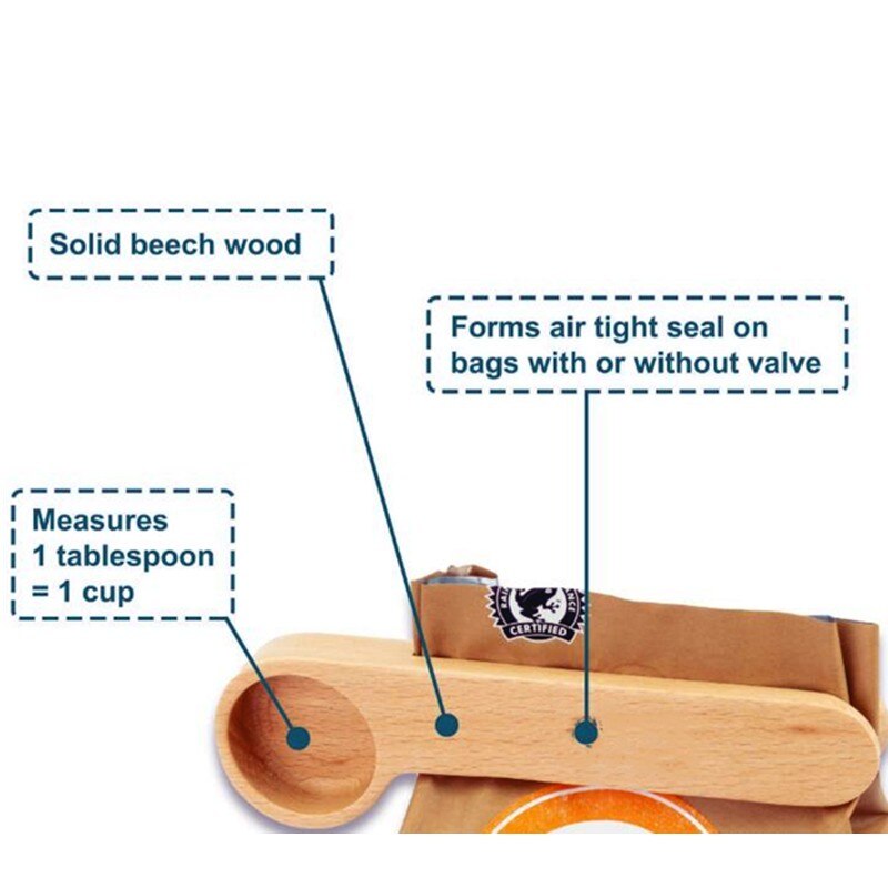 Cuchara de café molido, cuchara de madera para café, 1 cucharada, cuchara medidora de madera de haya, Clip largo para bolsa de sellado de mango de madera