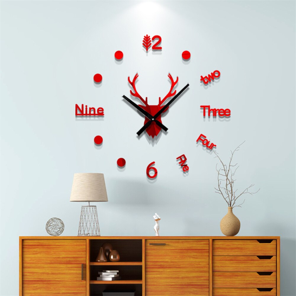 3D Acrylic Digital Deer Wall Clock Roman Numerals Large Round Wall Clock DIY Self Adhesive Living Room Clocks Stickers: Mirror Red / M