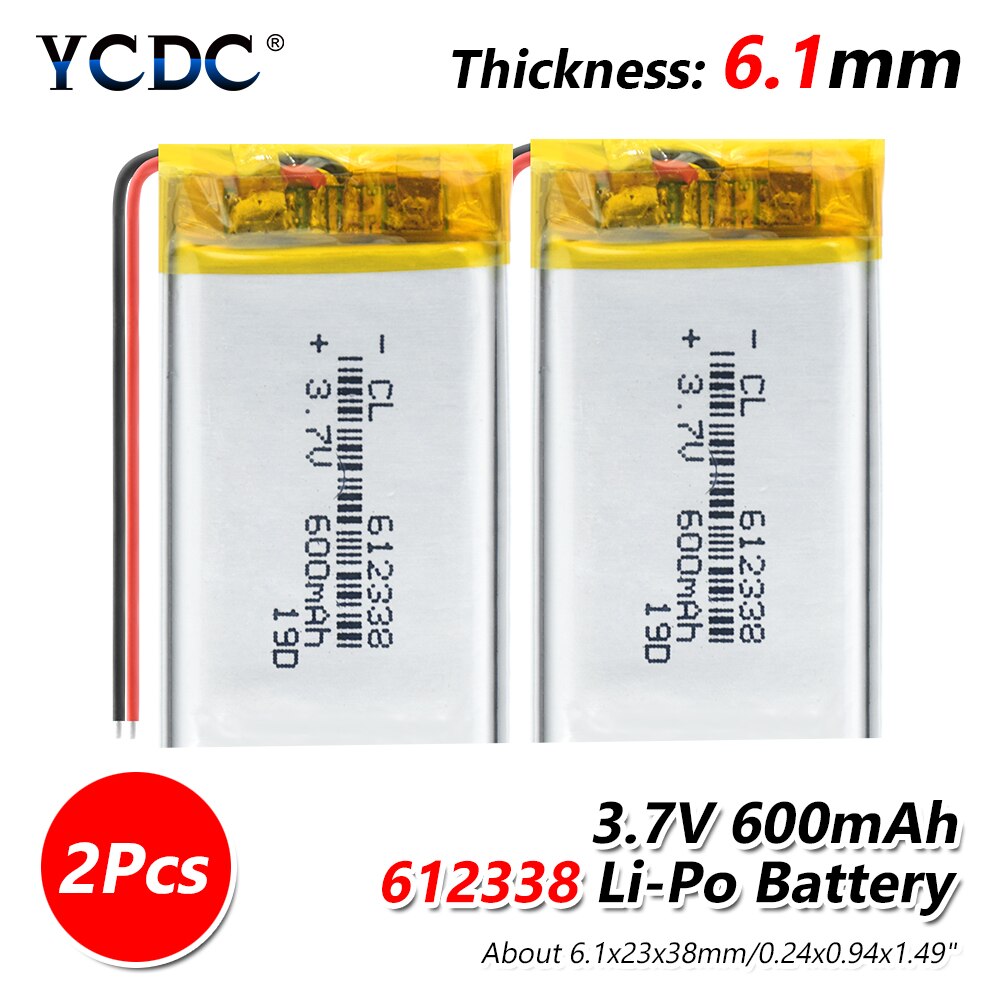 3,7 v 600mAh 612338 1/2/4 Uds. Batería de polímero de litio 3 7V voltios li po ion, baterías recargables lipo para navegación GPS dvd: 2 PCS