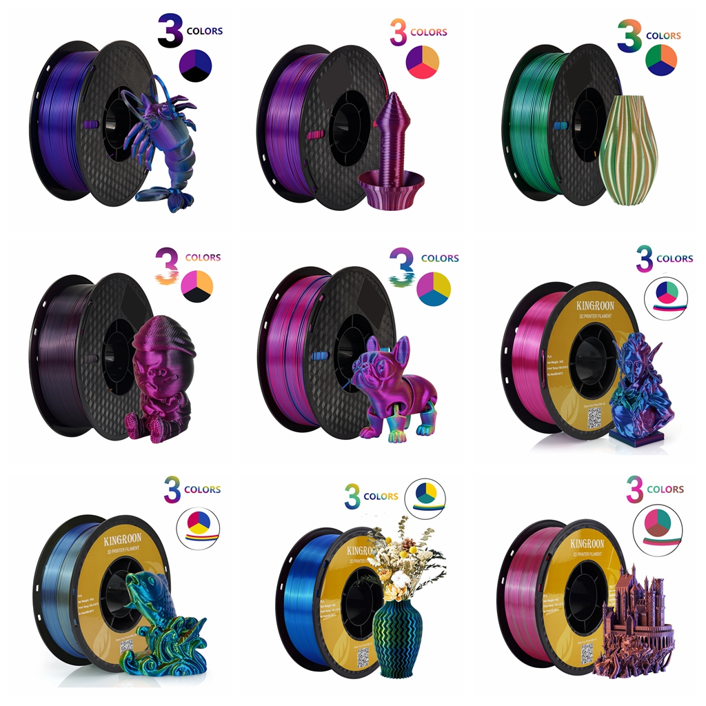 KINGROON-filamento de seda PLA de coextrusión tricolor, carrete de 1,75mm, 1KG (2,2 libras), plástico PLA de Triple color para impresora 3D y bolígrafo 3D