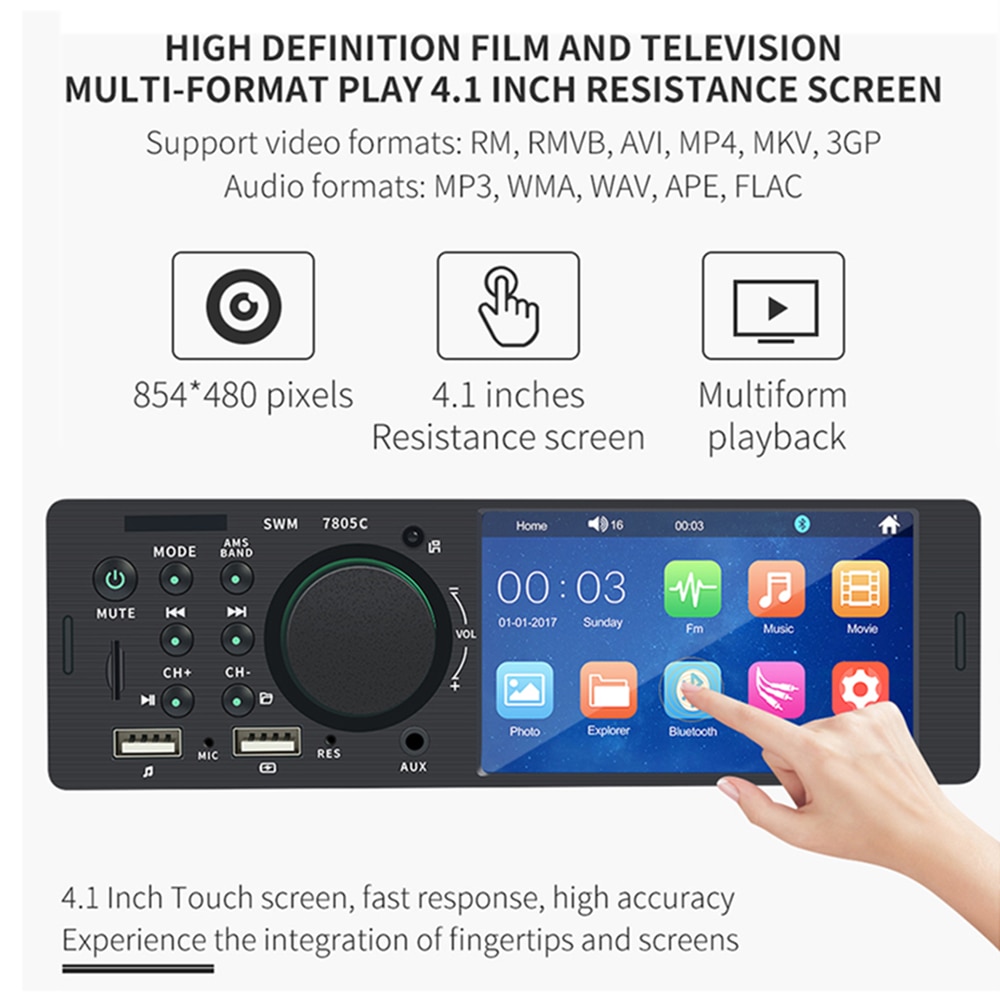 Radio con pantalla táctil para coche, reproductor MP5 de audio y vídeo, tarjeta TF, USB de carga rápida, 1 Din, 4,1 pulgadas, ISO, mando a distancia, unidad central de iluminación multicolor, 7805C