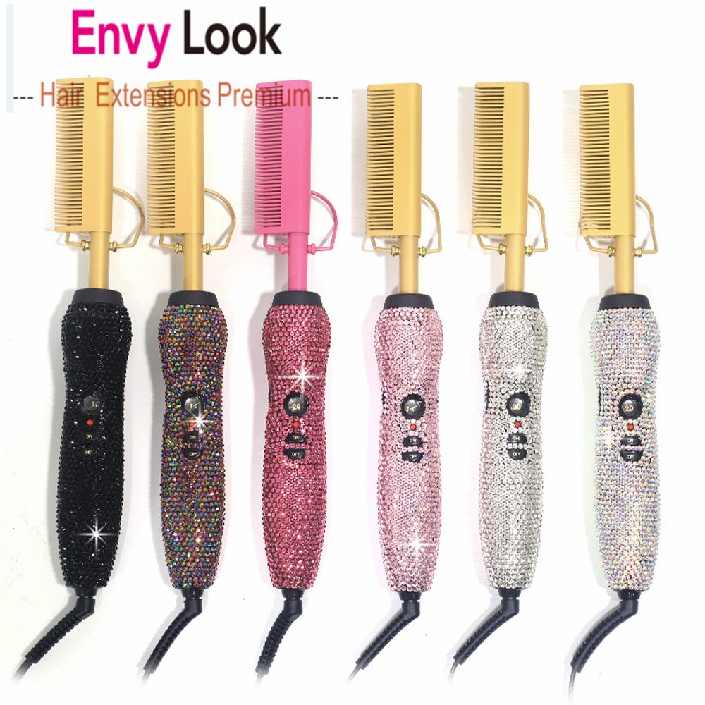 Crystal Electric Comb Hair Extension Straighter Color High Heat Flat Irons Straight Brush Wet Curl Dry Use For Black Women