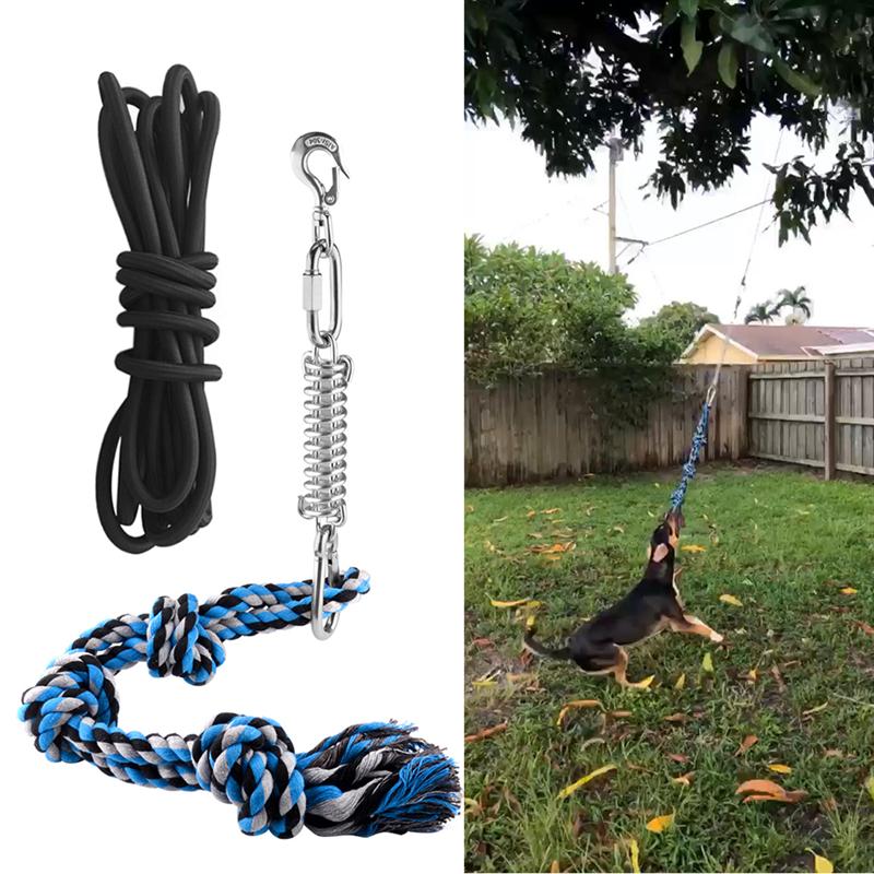 UEETEK Pet Durable Stainless Steel Spring Pole Dog Rope Toys Hanging Exercise Rope Pull With 5M Black Ropes Pet Toys